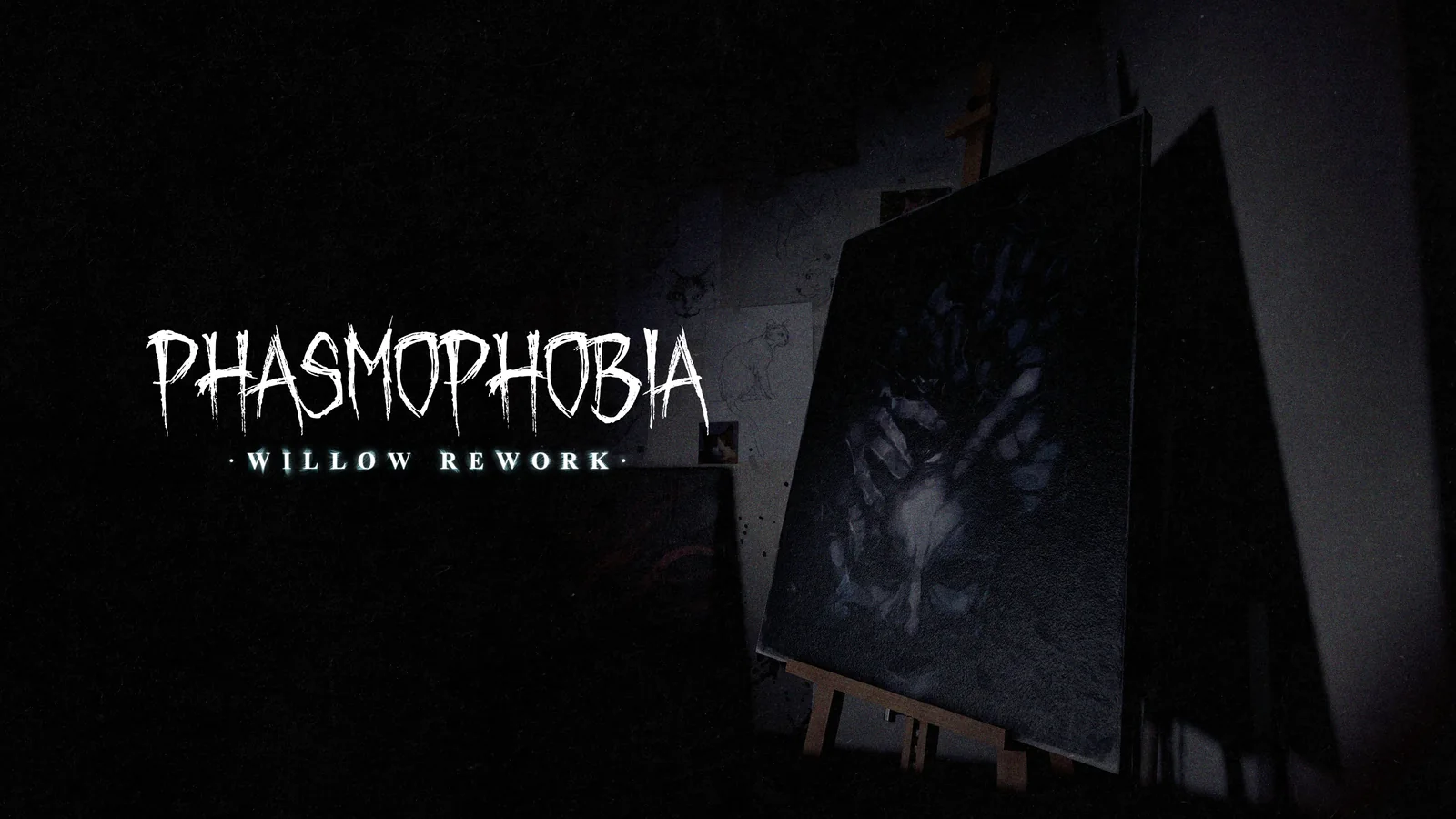 Official Phasmophobia Willow Rework key art showing the game logo beside a dark portrait in a shadowy room