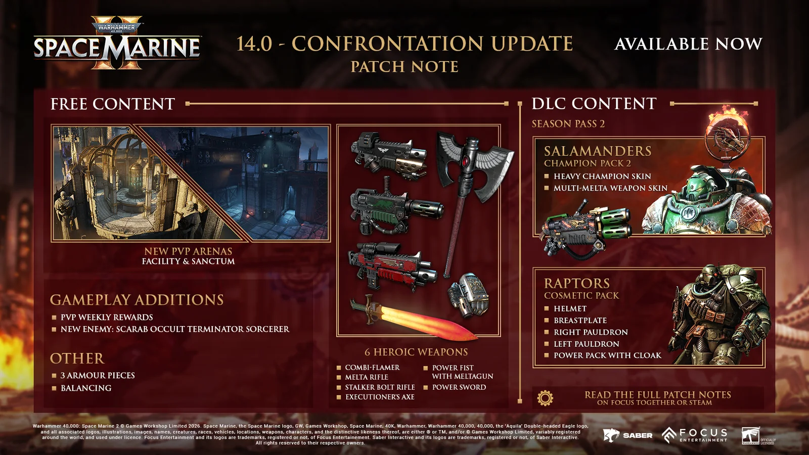 Official Space Marine 2 Patch 14 graphic showing the two new PvP arenas, Heroic weapons, and cosmetic content